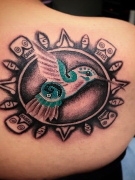 Mayan Hummingbird, Aztec Hummingbird Tattoo, Aztec Flower Tattoo, Aztec Hummingbird, Colorful Hummingbird Tattoo, Hummingbird Tattoo Meaning, Hummingbird Tattoo Ideas, Hummingbird Symbolism, Tattoos 2022