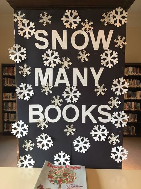 Snow many books. Library display. Bulletin board. Winter reads. Library Christmas Bulletin Boards, Christmas Library Display, Bulletin Board Winter, Poetry Bulletin Board, Winter Library, Library Door, Library Window, Christmas Library, School Library Bulletin Boards