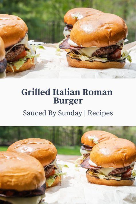 Grilled Italian Roman Burger. Talk about #BurgerGoals. Sink your teeth into this juicy piece of perfection this summer! Follow me @saucedbysunday, click the link to my website, and search "Grilled Italian Roman Burger" to find the complete recipe. Mr Hero Roman Burger Recipe, Italian Burger Recipe, Roman Burger Recipe, Roman Burger, Awesome Sandwiches, Italian Burger, Delicious Burger Recipes, Charcoal Grilling, Sandwhich Recipes