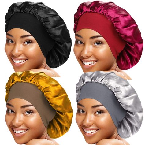 4 Pieces Wide Band Satin Cap Sleep Bonnet Soft Night Sleep Hat for Women : Amazon.co.uk: Beauty Makeup Cleaning, Sleep Bonnet, Sleep Hairstyles, Sleep Hat, Silk Bonnet, Band Hair, Satin Bonnet, Hair Elastic, Hair Bonnet