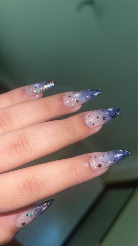 Midnight Acrylic Nails, Midnight Nails Acrylic, Saturno Concert Nails, Midnights Ts Nails, Galaxy Ombre Nails, Twice Concert Nails, Midnights Taylor Swift Aesthetic Nails, Sjm Inspired Nails, Night Theme Nails