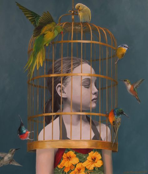 GIRL IN A GILDED CAGE BY ELISE MCDONALD Dreamy Paintings, Narrative Elements, Bird In A Cage, Magic Realism, Painting Of Girl, Gcse Art, Surreal Art, Rococo, Oil Painting On Canvas