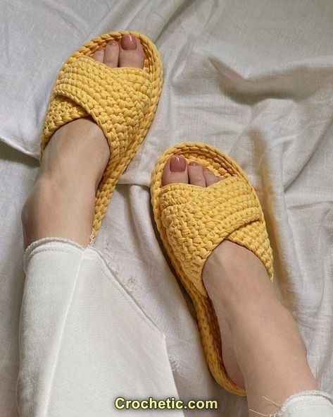 Yellow Slides, Lemon Color, Crochet Wallet, Diy Earrings Easy, Yellow Crochet, Handmade Slippers, Criss Cross Top, Cross Top, Crochet Sandals