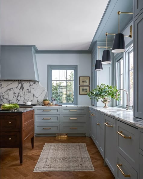 Blue On Blue Kitchen, Oval Room Blue Kitchen Cabinets, Wood And Blue Kitchen, Kitchen With Blue Walls, California Modern Kitchen, Kitchen Cabinet Blue, Blue Kitchens Ideas, Blue Cabinet Kitchen, Kitchen Remodel Colors