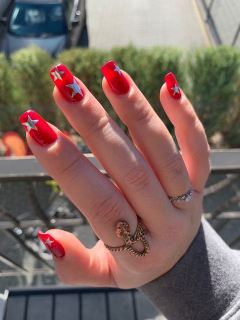 Red And Silver Star Nails, Nails With Silver Stars, Red Nails With Silver, Red And Silver Nails, Nails With Silver, Clear Acrylic Nails, Recruitment Outfits, Nebulas, Minimal Nails