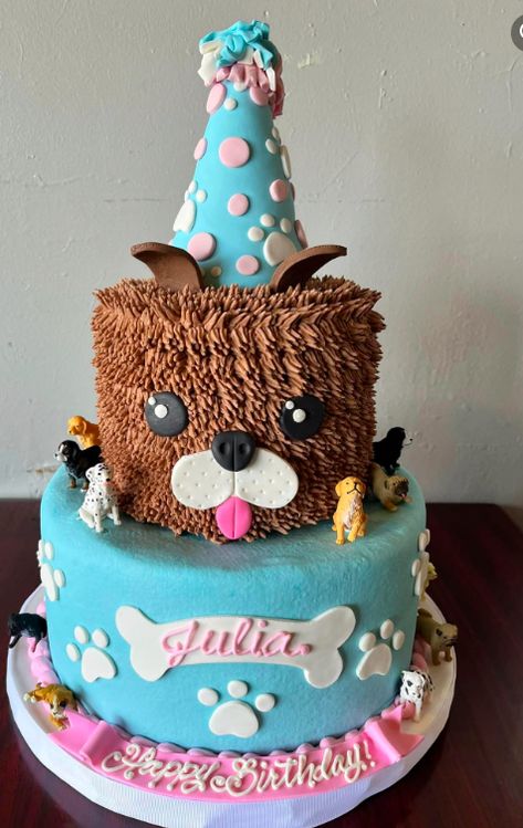 #dog #puppy #birthdayhat #pawprint #cute #girl #blue #polkadot #2tier Puppy Birthday Cake, Number 4 Cake, Puppy Birthday Cakes, Blue Birthday Cakes, Puppy Paw Prints, Puppy Birthday Parties, Puppy Cake, Dog Birthday Cake, Puppy Birthday