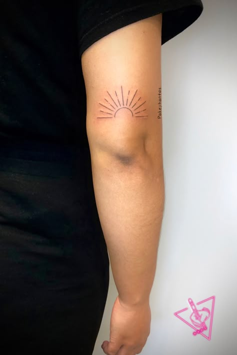 Sun Rays Tattoo, Rising Sun Tattoos, Sunrise Tattoo, Sunshine Tattoo, Ray Tattoo, Back Of Arm Tattoo, Rainbow Tattoos, Boho Tattoos, Elbow Tattoos