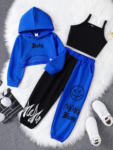 Cute Outfits For Seven Year Olds, Casual Blue Sets For Streetwear, Blue Sporty Sets For Streetwear, Blue Sporty Streetwear Sets, Trendy Winter Sets With Letter Print, Trendy Letter Print Sets For Winter, Blue Cotton Hooded Tracksuit, Blue Hooded Cotton Tracksuit, Clothes For 13 Yrs Old Girl