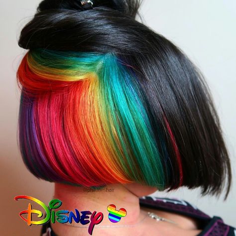 Black Hair Rainbow Underneath, Rainbow Bob Hair, Black And Rainbow Hair, Rainbow Underneath Hair, Hidden Rainbow Hair, Alt Hair, Funky Hair Colors, Unicorn Hair Color, Underlights Hair