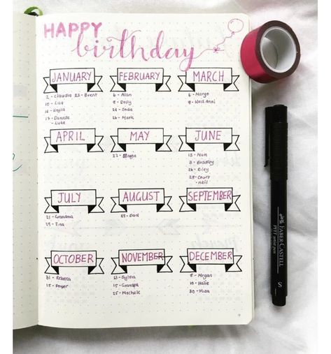 Things To Add In Your Planner, Dot Paper Journal Ideas, Birthday Page Ideas, Bullet Journal Shopping List, Shopping List Journal, Bullet Journal Birthday Page, Bullet Journal Birthday Tracker, Birthday Bullet Journal, Notesbog Design