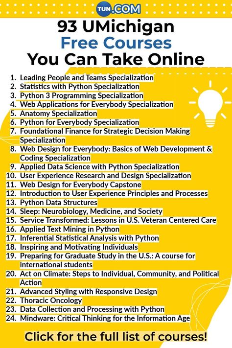 93 University of Michigan Free Courses You Can Take Online Free Certification Courses, Free College Courses Online, Free Courses Online, Free College Courses, Free Learning Websites, Free Online Education, Free Online Learning, Free Classes, College Life Hacks