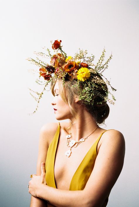 Floral headpiece - unconventional bride - mustard yellow Leanne Marshall gown with orange and yellow floral crown by Sarah Winward - Kristen Kay Photography - Kristen Krehbiel - Las Vegas Wedding Photographer #flowercrown #unconventional #bride #leannemarshall #gown Floral Wearables, Sarah Winward, Floral Headpiece Wedding, Bridal Floral Headpiece, Carmen Miranda, Vegas Elopement, Head Wreath, Las Vegas Wedding, Flower Headpiece