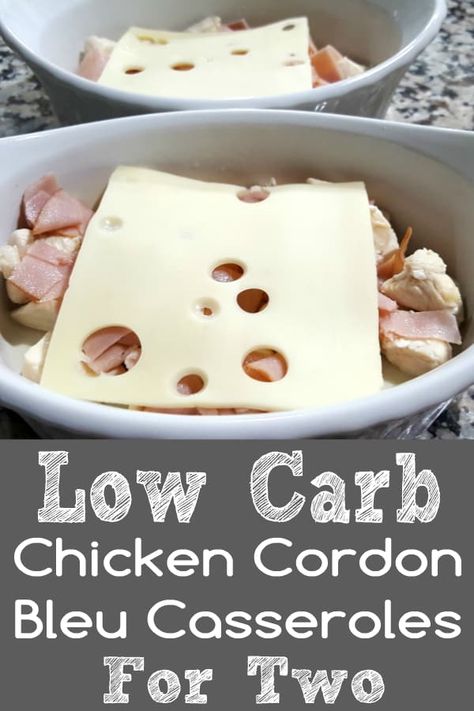 These Chicken Cordon Bleu Casseroles have diced boneless chicken, chopped ham and Swiss cheese layered with creamy sauce and a buttery golden brown Panko bread crumb topping. This small batch low-carb recipe serves 2 in individual baking dishes. This dish is perfect for lunch, dinner, or a romantic date night meal. Casseroles For Two, Casserole For Two, Single Serve Meals, Cordon Bleu Casserole, Ham And Swiss, Chicken Cordon Bleu Casserole, Future Chef, Recipe For 1, Small Batch Baking