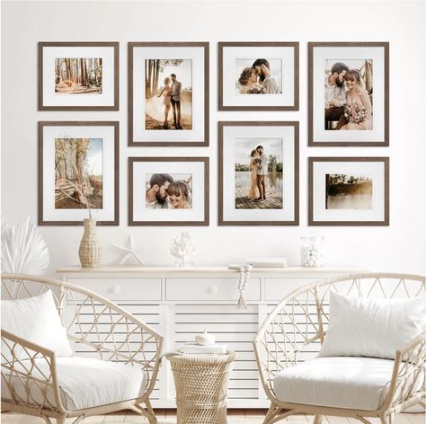 20x30 Frame On Wall, Family Portrait Gallery Wall Ideas, Horizontal Gallery Wall Layout, Wall Picture Ideas Living Room, Wall Picture Frames Arrangements, Wooden Frames On Wall, Gallery Photo Wall, Family Photos Wall Decor, Family Photo Gallery Wall