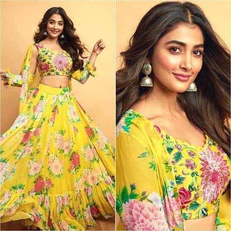 Yellow Lehenga Choli Designs for Haldi Ceremony in Bollywood Style - K4 Fashion Yellow Lehenga Choli, Floral Print Lehenga, Print Lehenga, Lehenga Choli Designs, Haldi Outfit, Yellow Floral Blouse, Yellow Lehenga, Pooja Hegde, Long Gown Dress