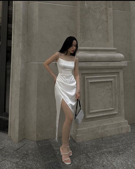 Japanese Dress Outfit, Money Dresses, Demure Outfit, Satin Silk Dress, Money Dress, 2000s Japanese Fashion, Silk Prom Dress, White Spaghetti, Black Dresses Classy