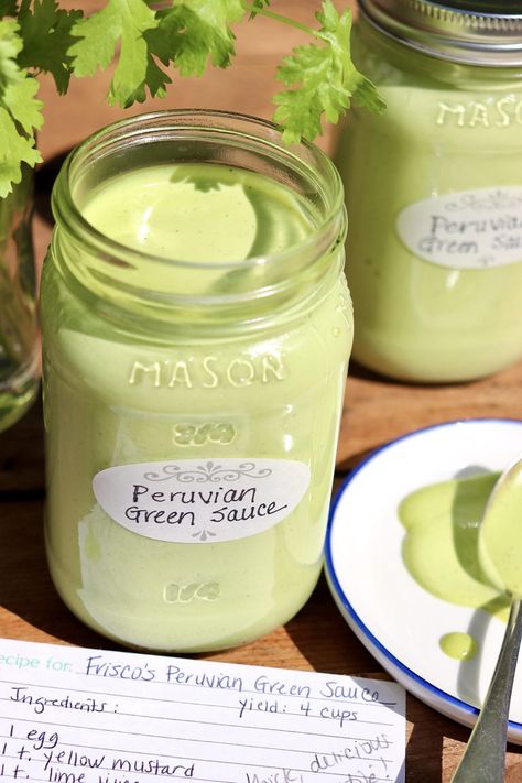 Frisco's Peruvian Green Sauce – The Fountain Avenue Kitchen Peruvian Green Sauce Recipe, Peruvian Green Sauce, Aji Sauce, Green Sauce Recipe, South American Dishes, Peruvian Chicken, White Sauce Recipes, Peruvian Cuisine, Homemade Mayonnaise