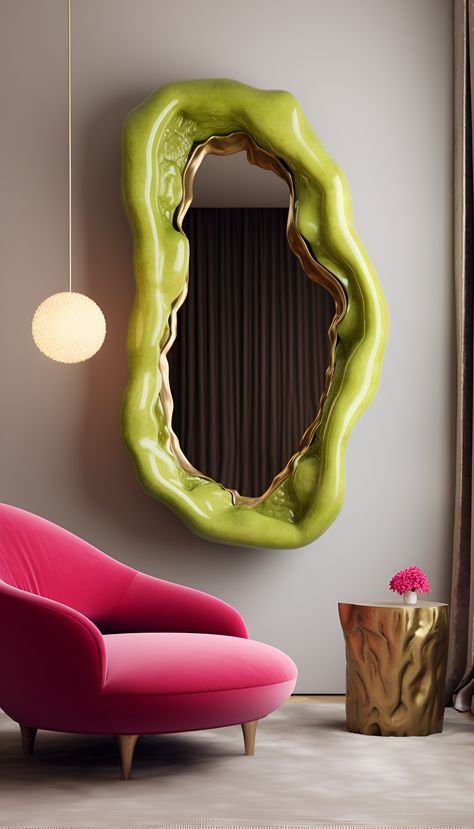 Chartreuse Blob Mirror in AI interior. Here is a blob mirror home interior idea 🥰 #modernfurniture #wallart #allmirror #mirror #modernmirror #wallart Funky Mirror Ideas, Mirror Wall Panel, Mirrors Diy, Blob Mirror, Unusual Mirrors, Blob Mirrors, Funky Mirrors, Glam Mirror, Unique Mirrors