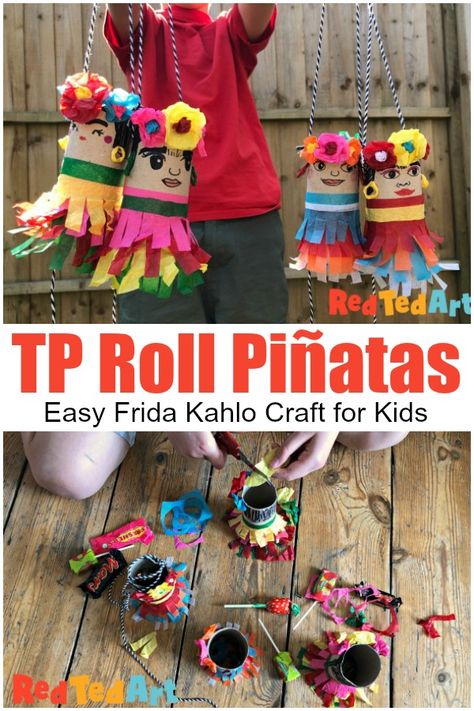 Toilet Paper Roll Pinatas for Cinco de Mayo. We love Frida Kahlo activities for kids. These Mini Pinatas are super easy and fun to make and are 100% recycled (may have even kept some Halloween Candy back for these! Ha). Learn how to turn the humble TP Roll into a Frida Kahlo Pinata/ Decoration! So cute. Frida Kahlo Projects, Easy Toilet Paper Roll Crafts, Red Ted Art, Paper Bunting, Mini Pinatas, Diy Confetti, 5 De Mayo, Toilet Paper Roll Crafts, Paper Roll Crafts