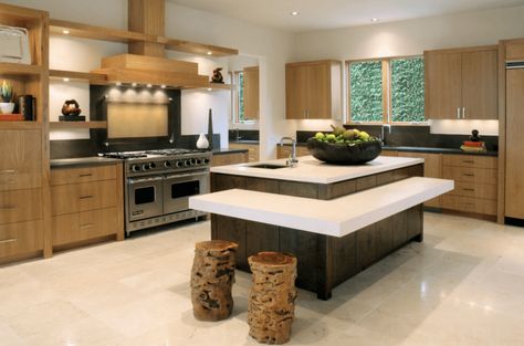 multi-level-kitchen-island-with-stump-stools Layered Kitchen, Multipurpose Kitchen Island, Modern Kitchen Island Design, Stylish Kitchen Island, Custom Kitchen Island, Kitchen Island Table, Modern Kitchen Island, Eclectic Kitchen, Kitchen Island With Seating