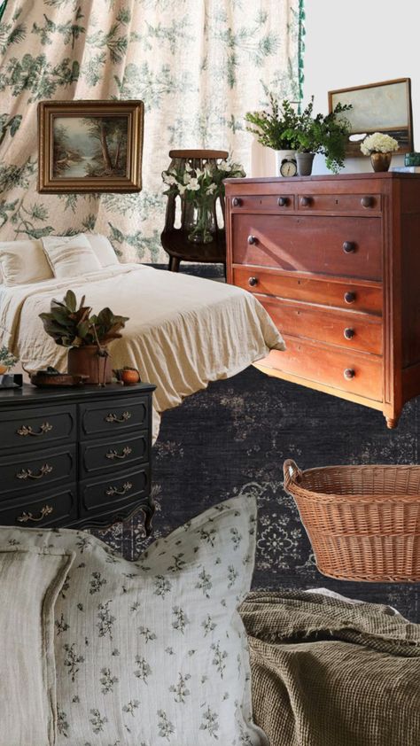 Cottagecore Bedroom Black Furniture, Folk Bedroom Aesthetic, Small Cottage Core Bedroom, Fall Cottagecore Bedroom, Cottagecore Remodel, Cottagecore Master Bed, Little Women Bedroom Aesthetic, Moody Cottage Core Bedroom, Moody Cottagecore Bedroom