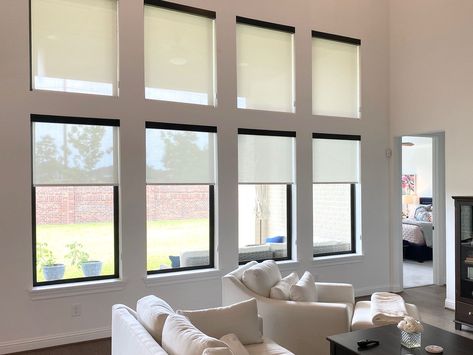 Solar Shades with Contrasting 3" Black Fascia - 3% Openness Black Shades With White Curtains, Black Solar Shades, Roller Shades Black Windows, Shades With Black Windows, Window Coverings Black Windows, Window Treatments On Black Windows, Blinds For Black Windows, Black Window Shades, Solar Shades Living Room