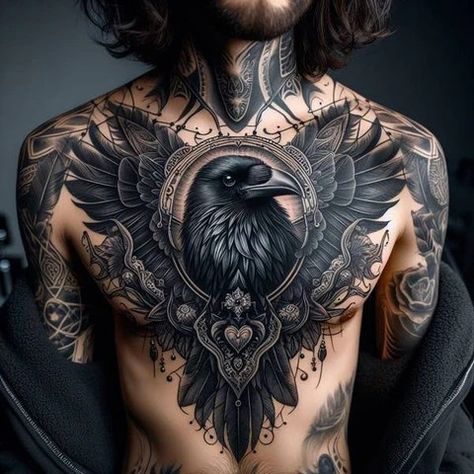 Rabe Tattoo, Throat Tattoo, Wicked Tattoos, Crow Tattoo, Raven Tattoo, Chest Tattoo Men, Viking Tattoos, Art Tattoos, Chest Tattoo