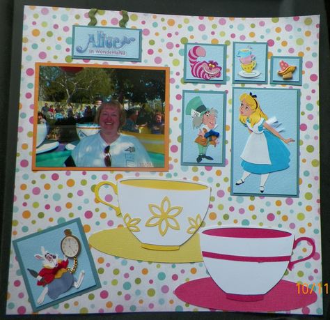 Handmade Disneyland Scrapbook Layout-Mad Tea Party Disneyland Scrapbook, Scrapbook Disney, Disney Scrapbooking Layouts, Disney Scrapbook Pages, Disney Rides, Disney Memories, Birthday Scrapbook, Disney Books, Mad Tea Party