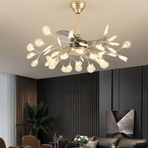 Ceiling fans with reversible remote lights. It is composed of high-quality iron and acrylic, it can provide cooling air and lighting. A remote is included to control the LED light and fan. Villa Dining Room, Fan Chandelier, Decor Ceiling, Black Living, Pendant Light Kit, Room Fan, Chandelier For Living Room, Ceiling Fan Light Kit, Dining Room Pendant