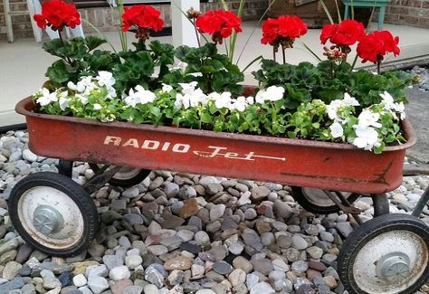 gardening ideas planter vintage wagon fall ideas rustic, container gardening, repurposing upcycling, Early plantings in my little red wagon Wagon Garden, Wagon Ideas, Cottage Gardening, Wagon Planter, Spiral Garden, Vintage Porch, Vegetable Garden Tips, Old Wagons, Radio Flyer