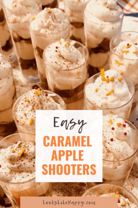 Caramel apple shooters are the perfect little dessert! They are super easy to make & unbelievably tasty- no leftovers here! They are like apple pie in a cup Smores Shooters Recipe, Caramel Apple Cheesecake Shooters, Coconut Cream Pie Shooters, Apple Shooter Desserts, Apple Crisp Shooters, Pumpkin Shooter Desserts, Caramel Apple Shooters, Apple Pie Dessert Shooters, How To Make Cake Shooters