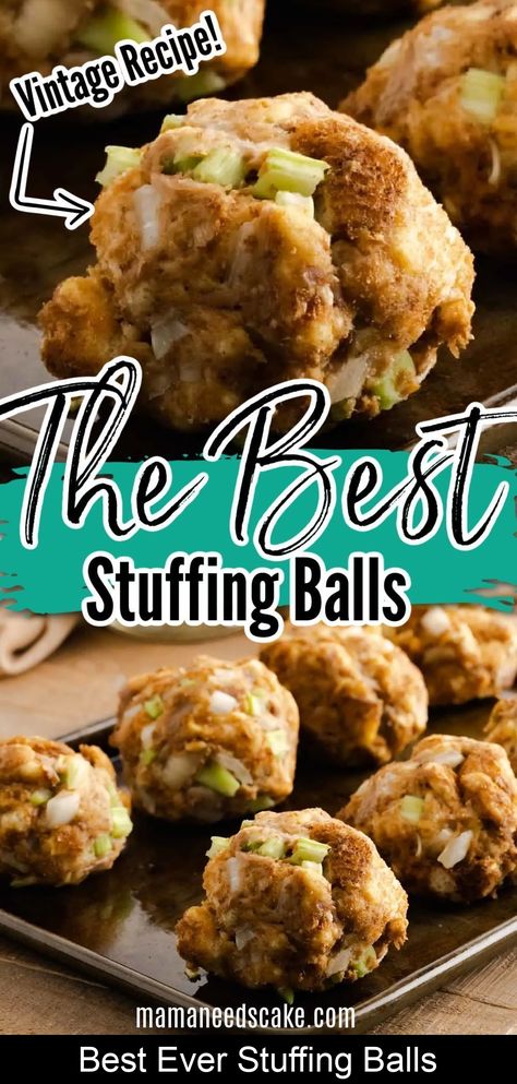 These delightful stuffing balls make for a perfect holiday side dish, giving each guest their own scrumptious serving of flavorful and tender stuffing! This family recipe is a family favorite during the holiday season and it's an absolute must for our Thanksgiving dinner. Stuffing Balls Recipe, Best Stuffing, Stuffing Balls, Thanksgiving Food Sides, Holiday Side Dish, Best Thanksgiving Recipes, Easy Stuffing, Thanksgiving Stuffing, Holiday Side