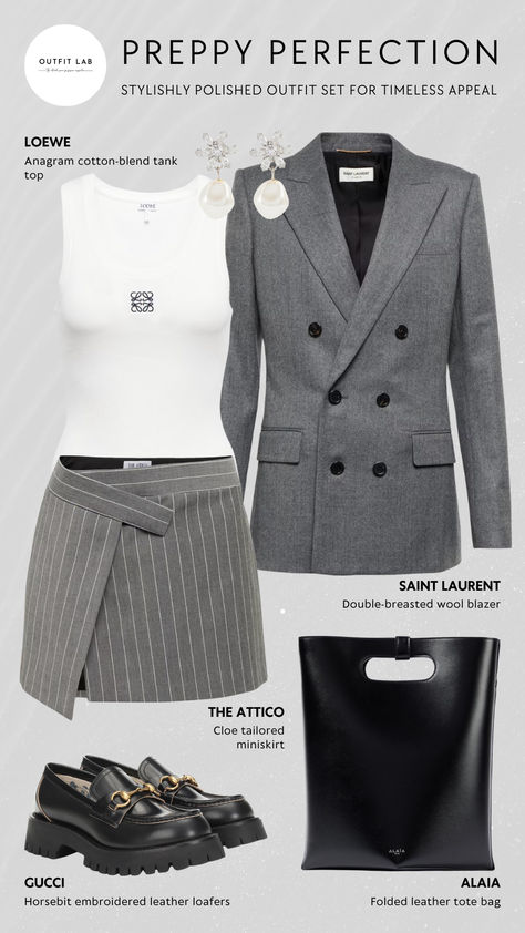 Embrace classic sophistication with a modern twist in our preppy outfit set. This ensemble features a chic The Attico miniskirt paired with a refined Saint Laurent blazer for a sharp, polished look. Layer with a sleek Loewe top for understated elegance. Complement your style with Gucci loafers and carry an Alaïa bag for a blend of functionality and luxury. Add a final touch of sparkle with Jennifer Behr earrings. Shop this look now and redefine timeless style with a contemporary edge! Loewe Top, Saint Laurent Blazer, Alaia Bag, Gucci Loafers, Jennifer Behr, The Attico, Formal Outfits, Fantasy Gowns, Preppy Aesthetic