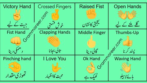 Hand Gesture Emoji Meanings with Pictures in Urdu Hand Emoji Meanings, Finger Meaning, Emojis Meanings, Ok Hand Sign, Emoji Meanings, Symbols Meaning, Emoji Dictionary, Palm Of Hand, 2016 Quotes