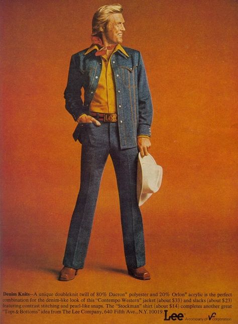 1970s Lee Adverts from Denim Leisure Suit Hell - Flashbak 1970s Mens Fashion, 70s Fashion Men, 70s Men, 70s Denim, Bad Fashion, 70s Outfits, Denim Suit, Leisure Suit, Vintage Mens Fashion