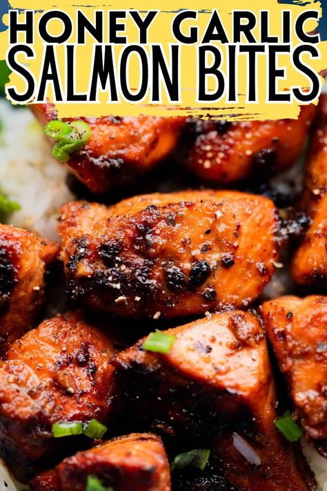 Honey Garlic Salmon Bites, Garlic Salmon Bites, Salmon Bites Recipe, Grilled Broccolini, Veggie Bowls, Bbq Salmon, Salmon Bites, Honey Garlic Salmon, Honey Salmon