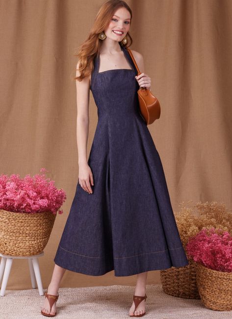 Simplicity S9949 | Simplicity Sewing Pattern Misses' Dress in Two Lengths Fit And Flare Dress Pattern, Hand Sewing Patterns, Sleeve Variations, Metal Dress, Simplicity Dress, Halter Neck Dress, Pattern Brands, Vogue Patterns, Flared Dress