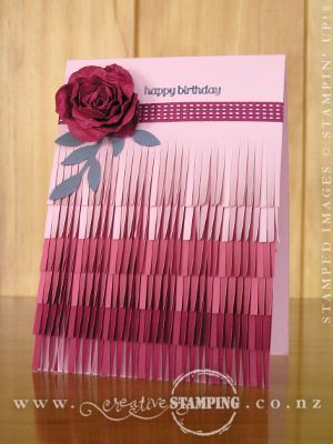 Ombré is a popular trend in paper crafting at present, and I had a lot of fun using the ombré effect with the Fringe Scissors and graduating tones of colour.  Here's a pink fringed card, finished with a Spiral Flower (a CASE from Valerie Moody: http://stampingwithval.wordpress.com/tag/fringe-scissors/).  From top-down: Blushing Bride, Primrose Petals and Raspberry Ripple.  www.creativestamping.co.nz | Stampin' Up! | Occasions Catalogue Birthday Cards Colourful, Fringe Scissors, Spiral Flower, Creative Birthday Cards, Anniversaire Diy, Raspberry Ripple, Birthday Card Drawing, Birthday Card Craft, Homemade Birthday Cards