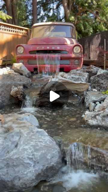 Truck Waterfall Pond, Pond Waterfall Spillway, Truck Fountain, Water Falls Backyard, Truck Waterfall, Backyard Ponds And Waterfalls, Front Yard Fountain, Outdoor Waterfall Fountain, Water Fountain Design