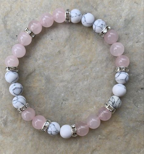 Rose Quartz White Howlite Bracelet | Beads bracelet design, Gemstone beaded bracelets, Beaded bracelets diy Crystal Bracelets Diy, Making Bracelets With Beads, Beaded Jewelry Bracelets, Diy Beaded Bracelets, Bracelet Inspo, Healing Gemstone Bracelets, Howlite Bracelet, Stone Bracelets, Rose Quartz Bracelet