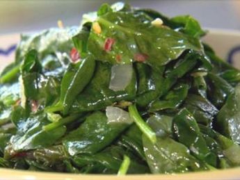 Sauteed Spinach with Bacon and Onions Recipe | Ree Drummond | Food Network Spinach With Bacon, Trisha Yearwood Recipes, Sauteed Spinach, Toasted Pine Nuts, Ree Drummond, Spinach Recipes, Onion Recipes, Veggie Side Dishes, Vegetable Sides