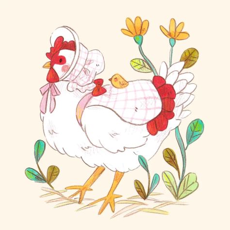 Chicken with apron - mini print | inestheunicorn Bathroom Drawings, Chicken Drawing, Cottage Core Art, Chicken Illustration, Fancy Chickens, Cute Patterns, Animal Portraits Art, Cute Chickens, Chicken Art