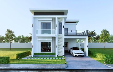 128 Sq.M. 2 Storey House Design 8m x 8m With 3 Bedroom - Engineering Discoveries Serpentine Pavillion, House Plans 2 Storey, 3 Storey House, Two Storey House Plans, Small House Blueprints, Modern Bungalow House Design, Sloping Roof, Two Story House Design, 2 Storey House Design