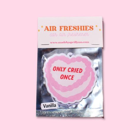 This car air freshener will leave your ride smelling so sweet, you'll only cry once (for joy!). Our Only Cried Once Air Freshener is both cutesy and sweet-smelling. Put it in your car for some freshness and to keep your car smelling great! Printed on both sides. Each freshener comes with an elastic string for easy hang Aesthetic Car Freshener, Aesthetic Car Air Freshener, Custom Air Freshener, Cute Air Freshener For Car, Car Air Freshener Aesthetic, Car Air Freshner, Preppy Car Accessories, Preppy Car, Air Car