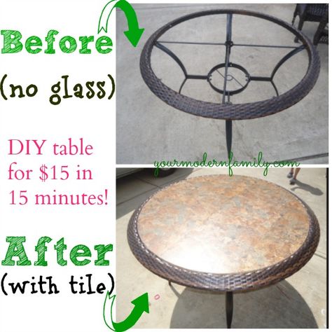 DIY: Replace glass tabletop with tile for $15.  (perfect DIY project!!  This takes about 15 minutes  Weekend Warrior Wednesday @ yourmodernfamily.com Replace Glass Table Top Ideas, Patio Table Top Replacement Ideas, Outdoor Table Top Ideas, Patio Table Redo, Tile Patio Table, Leftover Tile, Patio Table Top, Upcycle Chair, Diy Patio Table