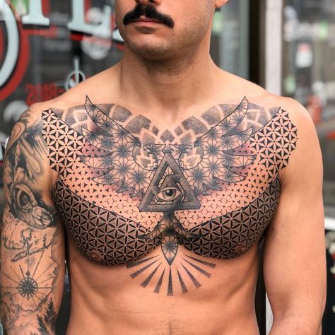 J O E Y K I N T Z (@joekintztattooing) • Instagram photos and videos Mandala Chest Tattoo, Stammestattoo Designs, Geometric Chest, Geometric Tattoo Sleeve Designs, Full Chest Tattoos, Roman Tattoo, Australian Tattoo, Geometric Sleeve Tattoo, Artists Studios