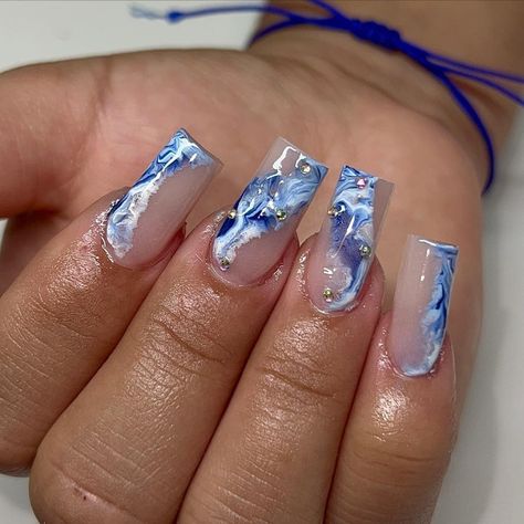 Almond Acrylic Nails Designs, Blue Gel Nails, Blue Acrylic Nails, Beauty Nails Design, Beige Nails, Nails Now, Nails Design With Rhinestones, Almond Acrylic Nails, Christmas Nails Acrylic