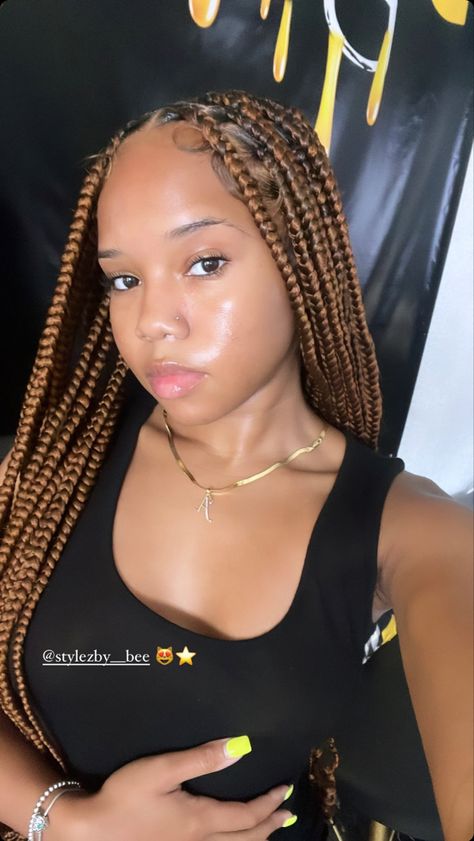 Knotless Braids With Money Piece, Half Brown Half Black Braids, Knotless Braids Hairstyles Brown And Blonde, Braided Hairstyles Highlights, Honey Blonde Box Braids Highlights, Jumbo Brown Knotless Box Braids, Light Brown Knotless Goddess Braids, Honey Blonde Knotless Braids Medium, Honey Blonde Hair Knotless Braids