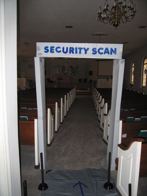 Fbi Decorations, On The Case Vbs Decorations, On The Case Vbs, Suspect Board, Mission Impossible Party, Church Tables, Hand Scanner, Cross Outline, Black Tablecloths