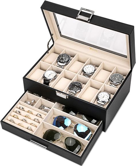 Amazon.com: Voova Jewelry Box Watch Boxes Organizer for Men Women, 2 Layer Large 12 Slot PU Leather Watch Storage Case, Glass Top Jewelry Display Holder for Watches Sunglasses Rings Necklaces Bracelets,Black : Clothing, Shoes & Jewelry Multifunctional Jewelry, Drawer Jewelry, Jewelry Box Organizer, Mens Jewelry Box, Jewelry Tray Organizer, Watch Organizer, Jewelry Display Box, Stackable Jewelry, Jewelry Organizer Storage